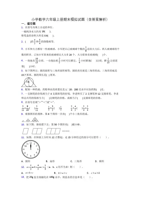 小学数学六年级上册期末模拟试题(含答案解析)