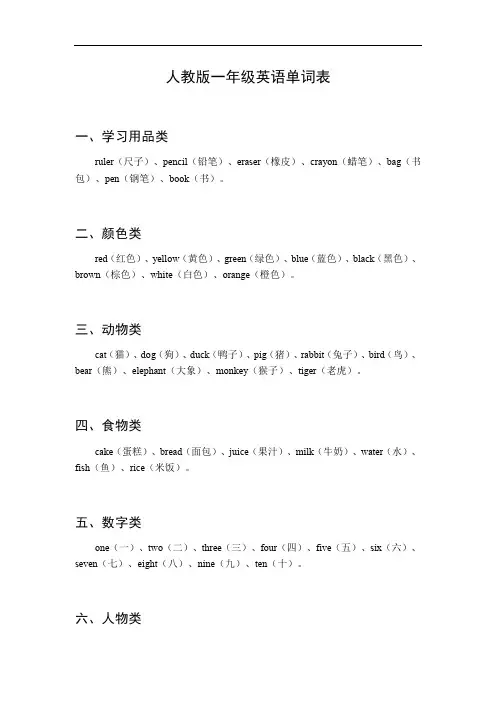 一年级英语单词表全部