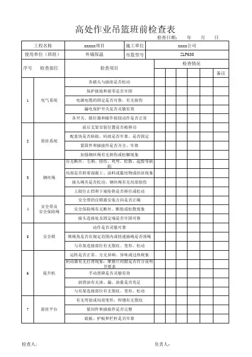 高处作业吊篮班前检查表