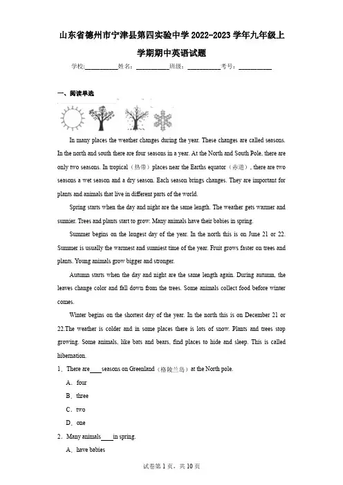 山东省德州市宁津县第四实验中学2022-2023学年九年级上学期期中英语试题
