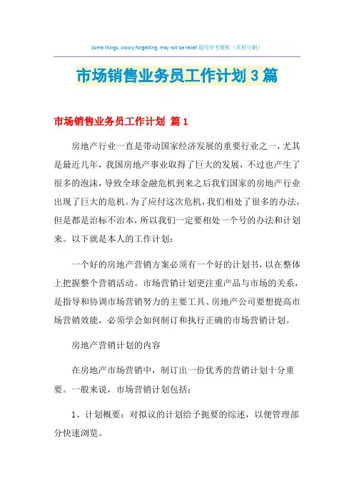 2021年市场销售业务员工作计划3篇