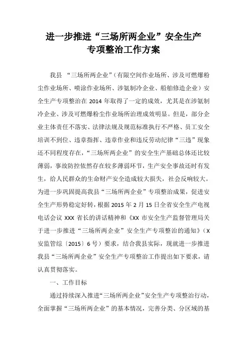【精品文档】进一步推进“三场所两企业”安全生产专项整治工作方案