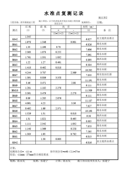 水准点复测记录 施记 范例