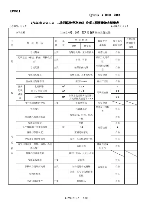 二次回路检查及接线 分项工程质量验收记录表
