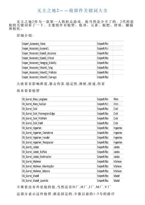 无主之地2——枪部件关键词大全