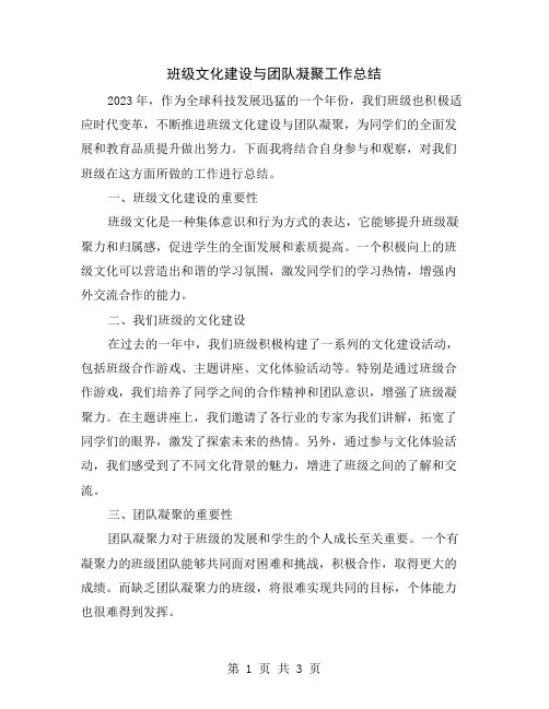 班级文化建设与团队凝聚工作总结