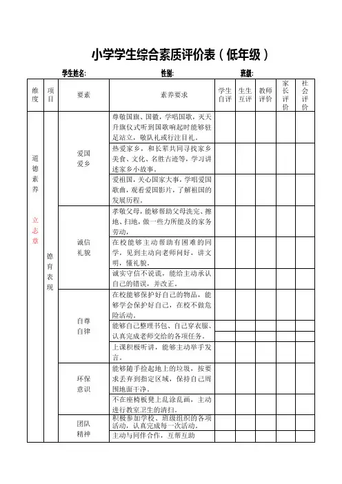 小学学生综合素质评价表(低年级)