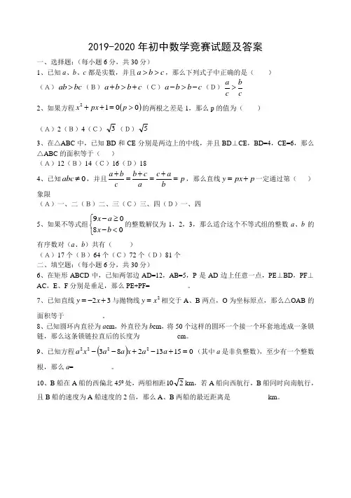2019-2020年初中数学竞赛试题及答案