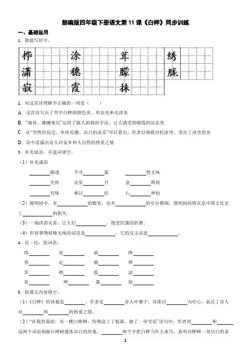 部编版四年级下册语文第11课《白桦》同步训练(含答案)