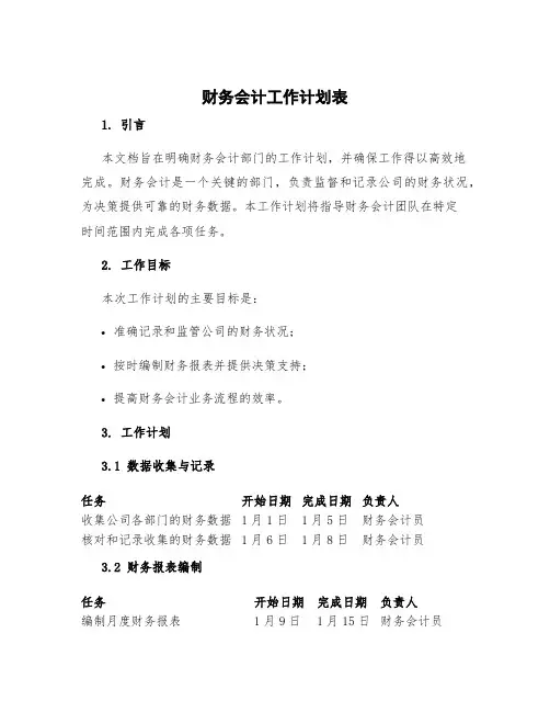 财务会计工作计划表 财务会计工作计划