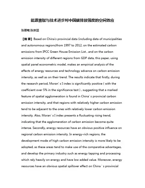 能源禀赋与技术进步对中国碳排放强度的空间效应