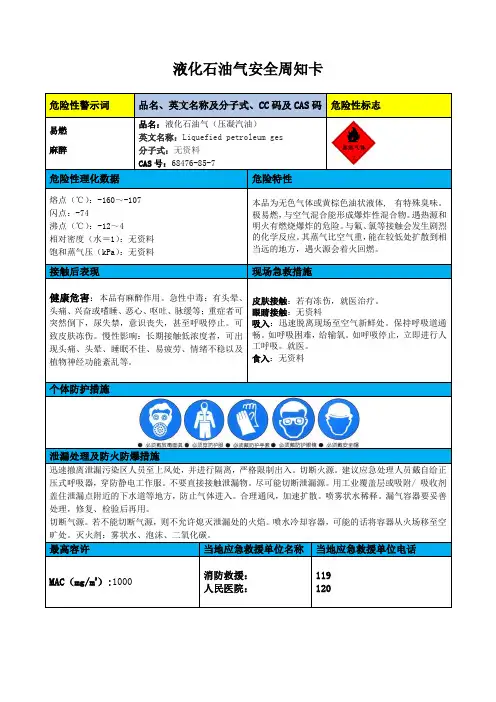 液化石油气安全周知卡、职业病危害告知卡、理化特性表