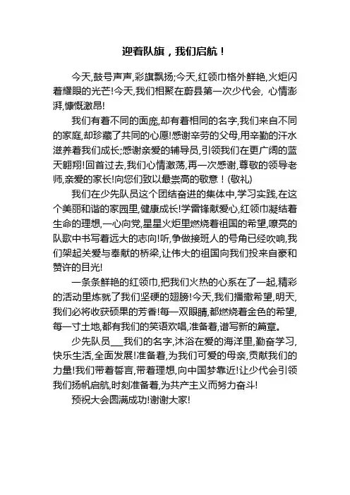 迎着队旗,我们起航——少代会发言稿