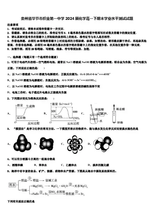 贵州省毕节市织金第一中学2024届化学高一下期末学业水平测试试题含解析