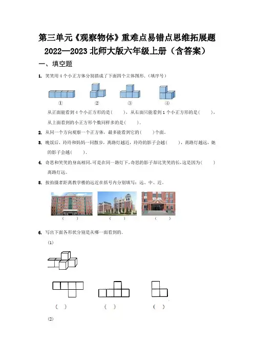 第三单元《观察物体》重难点易错点思维拓展题   2022—2023北师大版六年级上册(含答案)