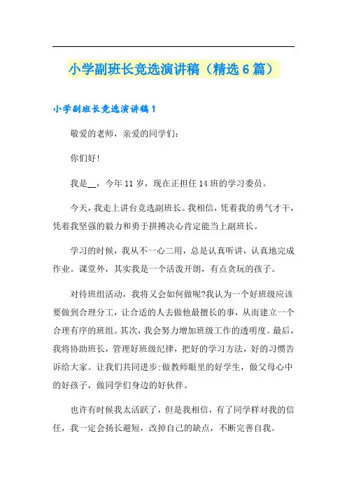 小学副班长竞选演讲稿(精选6篇)