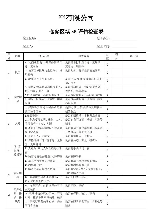仓储区域5S评估检查表