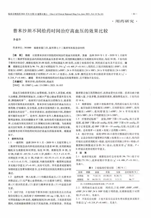 替米沙坦不同给药时间治疗高血压的效果比较