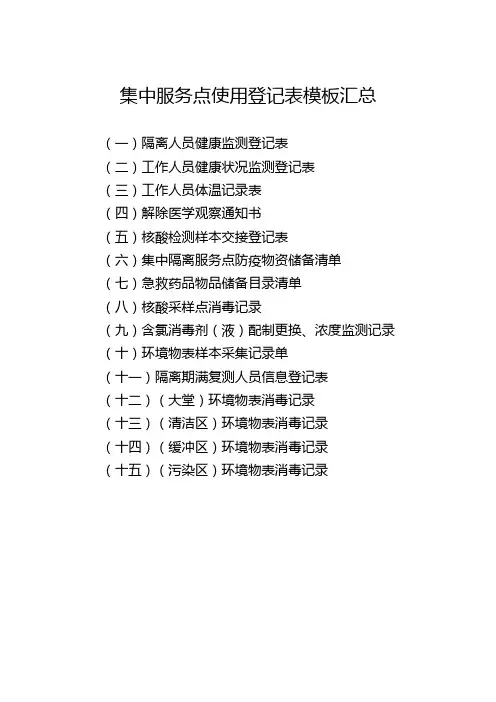 集中隔离服务点使用登记表模板汇总