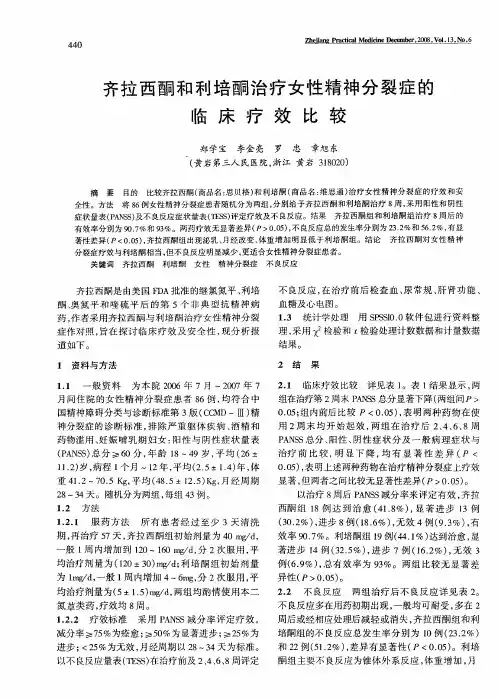 齐拉西酮和利培酮治疗女性精神分裂症的临床疗效比较