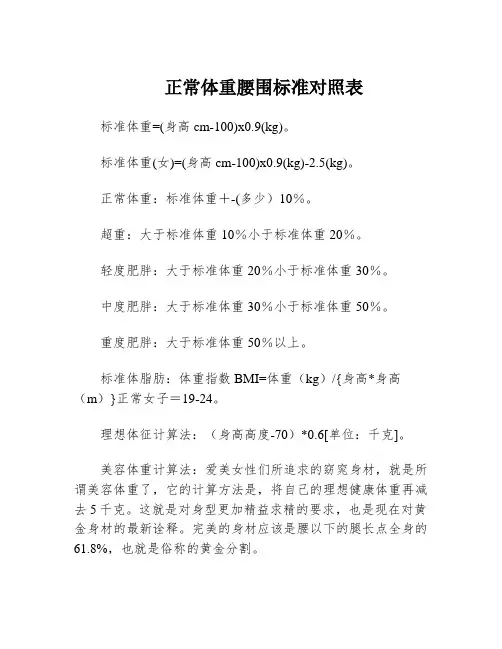 正常体重腰围标准对照表