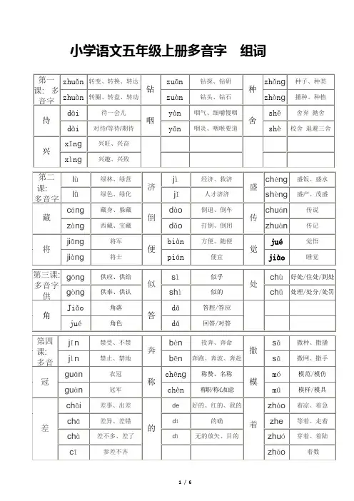 五年级上册语文 多音字组词