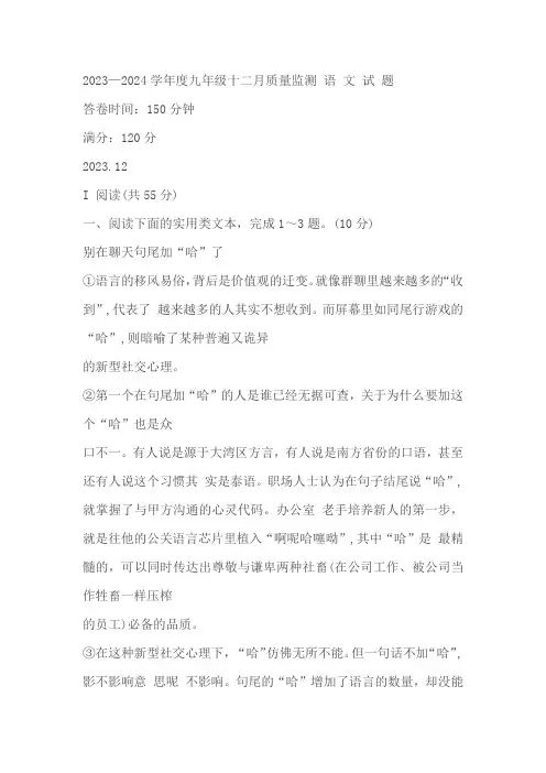湖北省武汉市新洲区2023-2024学年九年级上学期12月调考语文试题(含答案)