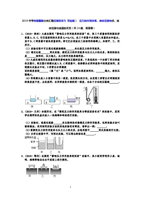 2019中考物理真题分类汇编压强和浮力 实验题1  压力的作用效果、液体压强特点、流体压强与流速的关系有答案