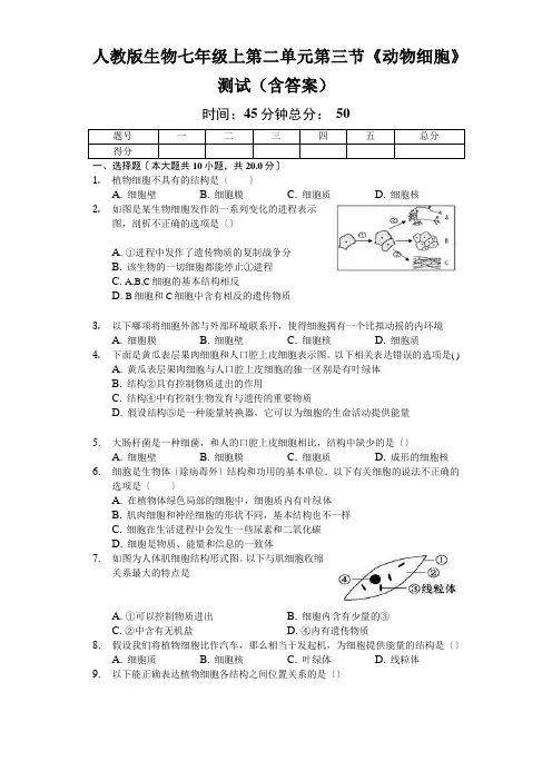 人教版生物七年级上第二单元第三节《动物细胞》测试(含答案)