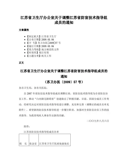 江苏省卫生厅办公室关于调整江苏省防盲技术指导组成员的通知