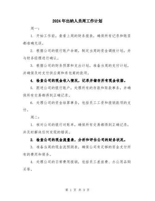 2024年出纳人员周工作计划