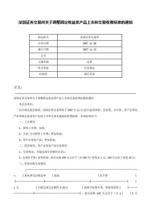 深圳证券交易所关于调整固定收益类产品上市和交易收费标准的通知-
