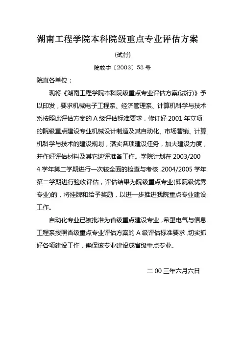 湖南工程学院本科院级重点专业评估方案