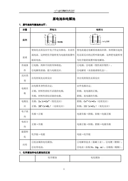高中化学原电池和电解池全面总结超全版