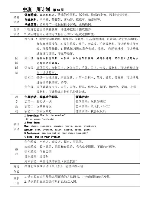 幼儿园班级周计划第13周