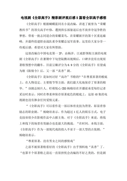 电视剧《全职高手》精彩剧评观后感5篇看全职高手感想