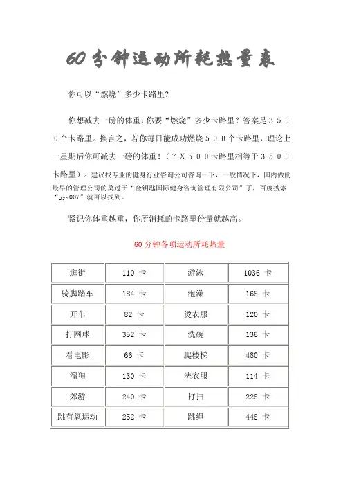 60分钟运动所耗热量表