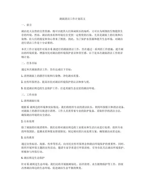湖面清洁工作计划范文