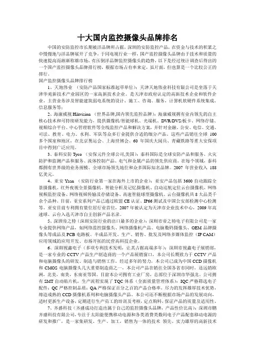 十大国内监控摄像头品牌排名