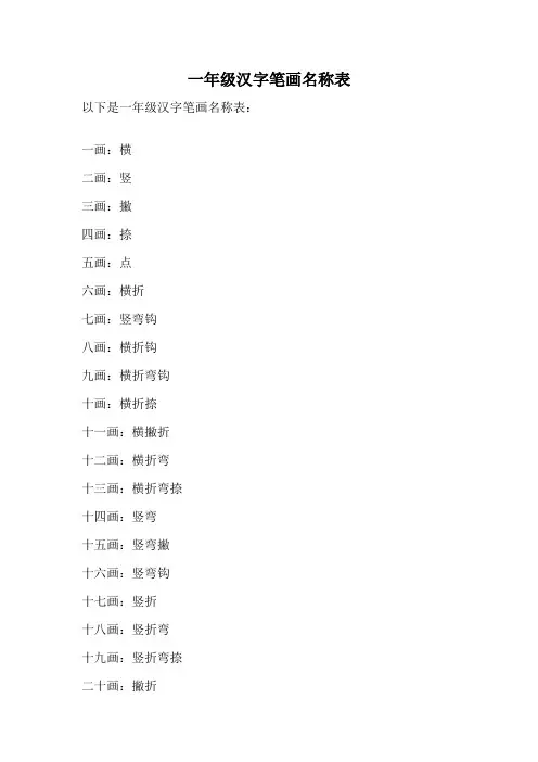 一年级汉字笔画名称表