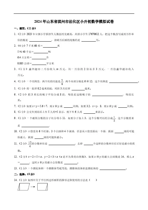 2024年山东省滨州市沾化区小升初数学模拟试卷(含答案)