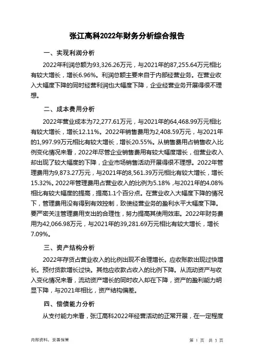 600895张江高科2022年财务分析结论报告