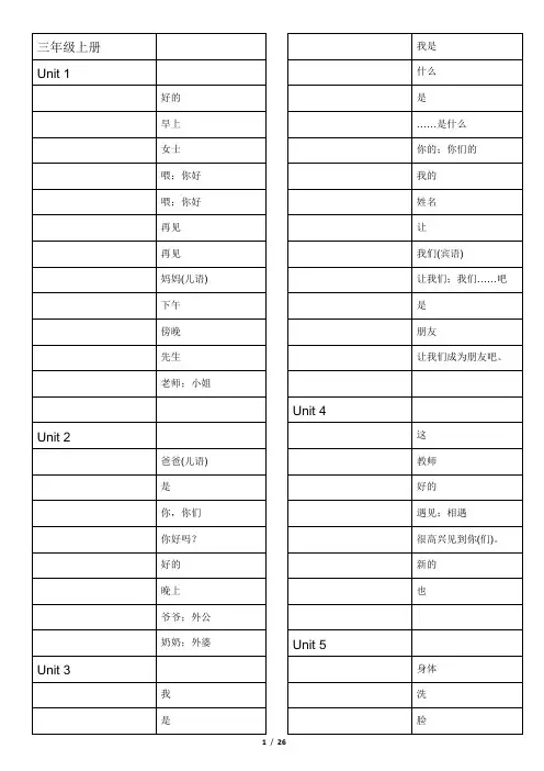 小学英语教科版一至六年级单词默写表
