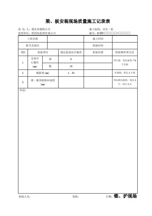 梁、板安装现场质量施工记录表