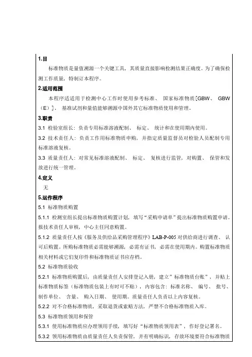 参考标准和标准物质参考物质管理程序