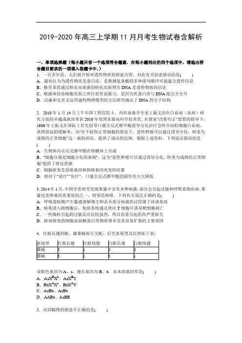 2019-2020年高三上学期11月月考生物试卷含解析