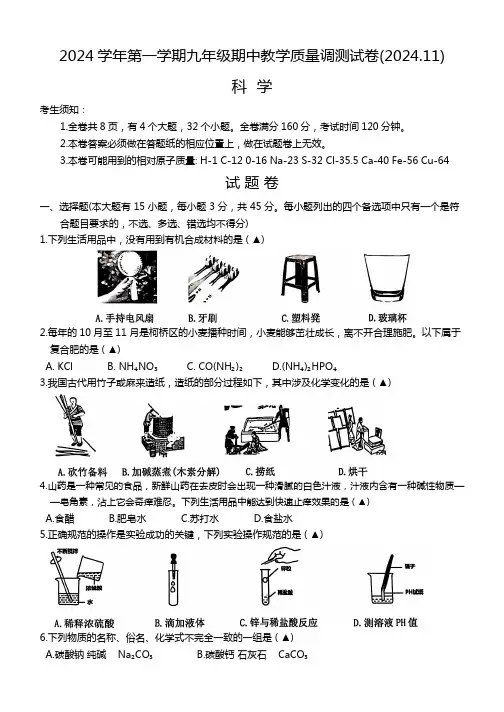 浙江省绍兴市柯桥区联盟2024学年第一学期九年级期中教学质量调测试卷 科学卷(含答案 )