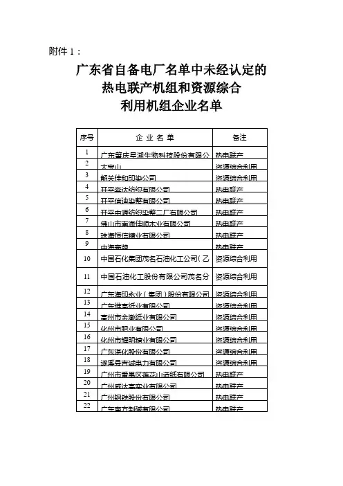 广东省自备电厂名单