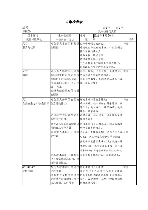 白酒质量管理体系内部检查表模板——生产管理部及车间