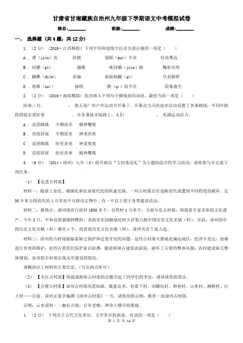 甘肃省甘南藏族自治州九年级下学期语文中考模拟试卷